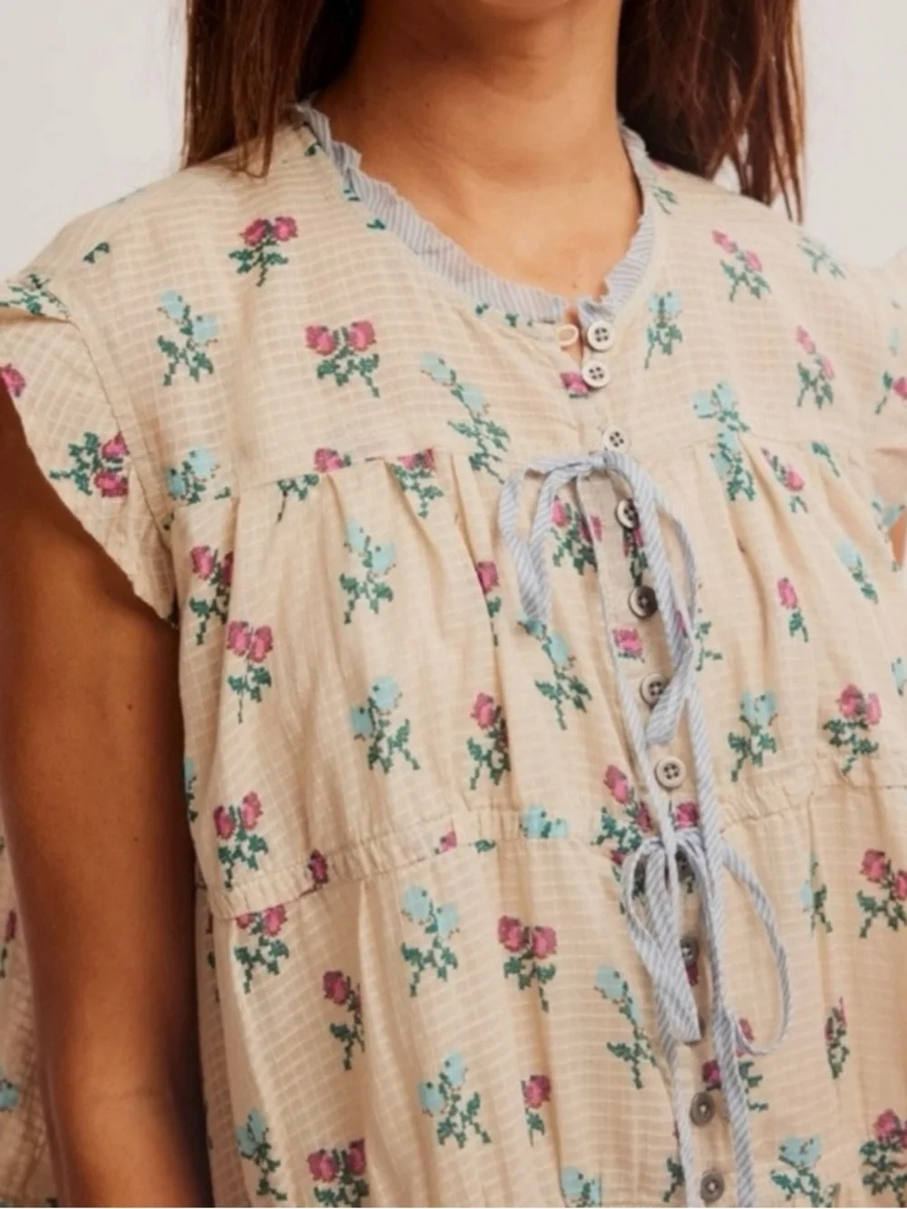 Free People Bohemian Prairie Sundown Mini Dress Tunic Top Ivory Combo Large - Picture 7 of 15